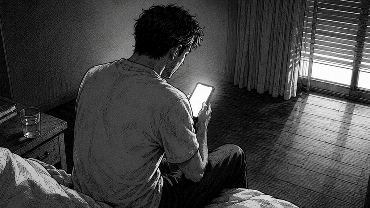 Illustrazione manga seinen: vista laterale del comodino all'alba, mano che afferra lo smartphone con lo schermo acceso, fasci di luce dalle persiane sullo sfondo.