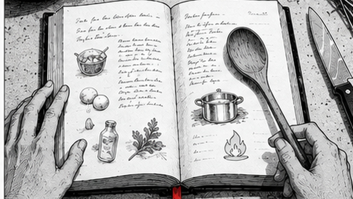 Illustrazione manga seinen: cuoco al banco di cucina che legge da un ricettario aperto mentre mescola in una pentola, segnalibro rosso che pende dal libro.