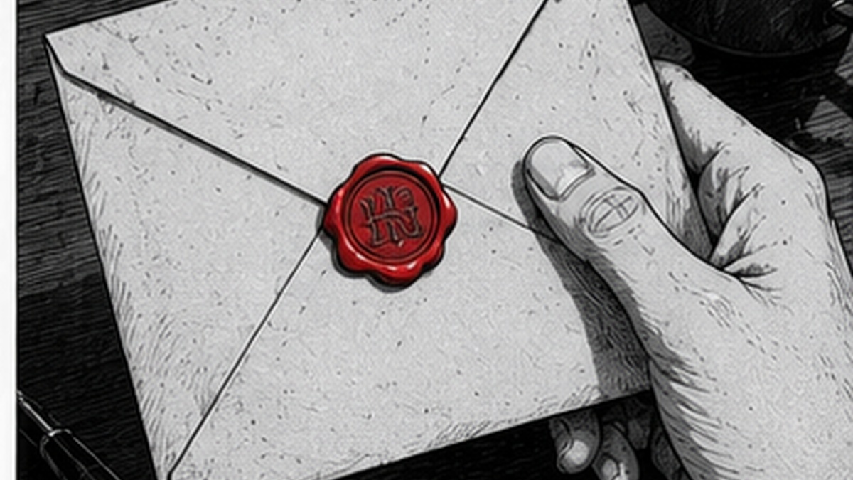 Illustrazione manga seinen: scrivania professionale vista dall'alto con lettere formali impilate, sigillo di ceralacca rosso, penna stilografica e laptop aperto con bozza di email.